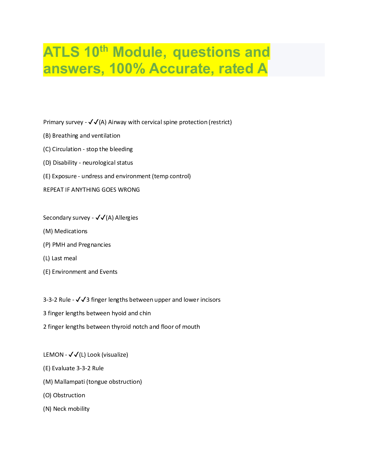 Preview of ATLS 10th Module, questions and  answers, 100% Accurate, rated A